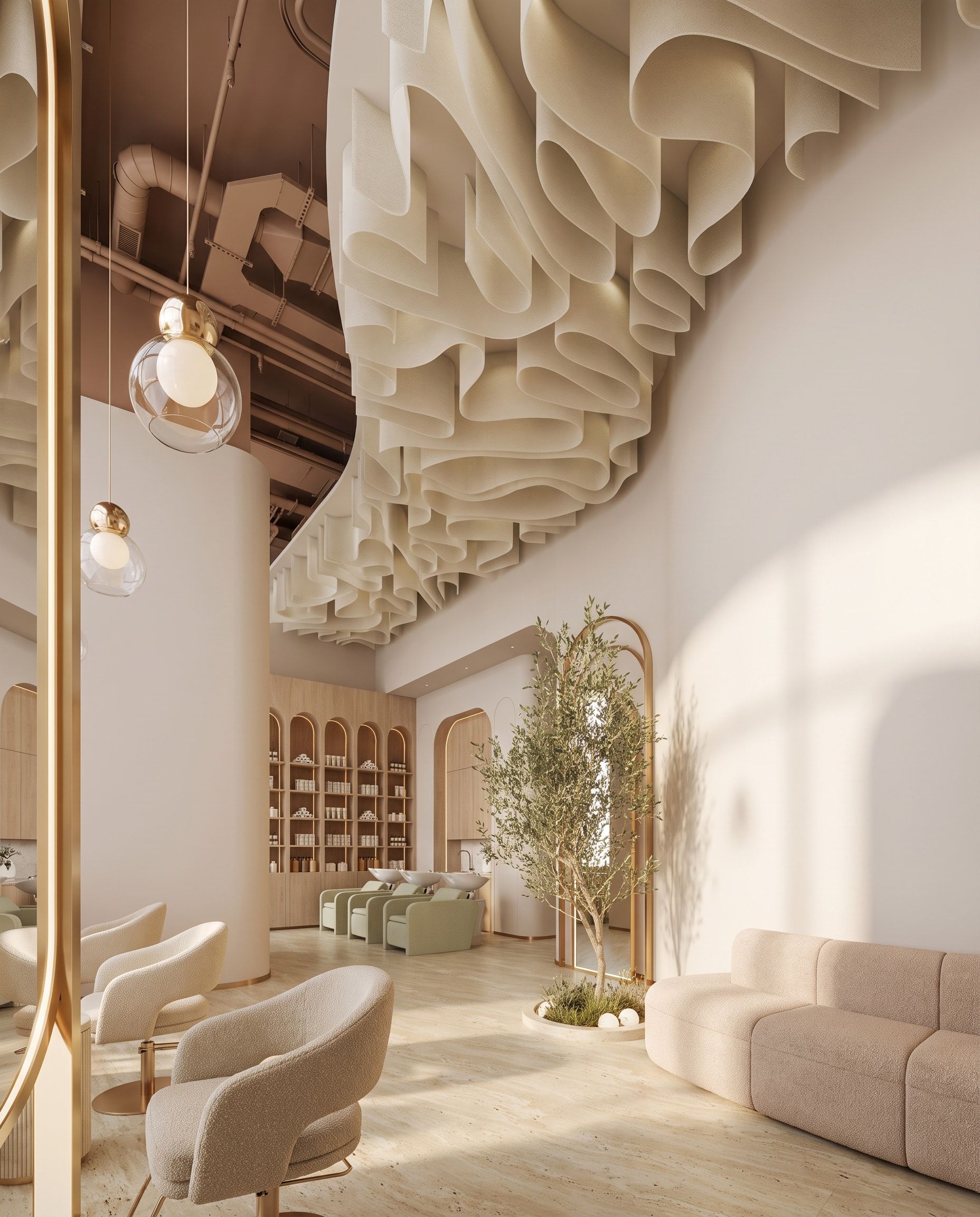 The Glowin lounge: sculpted ceiling, olive tree, and soft seating