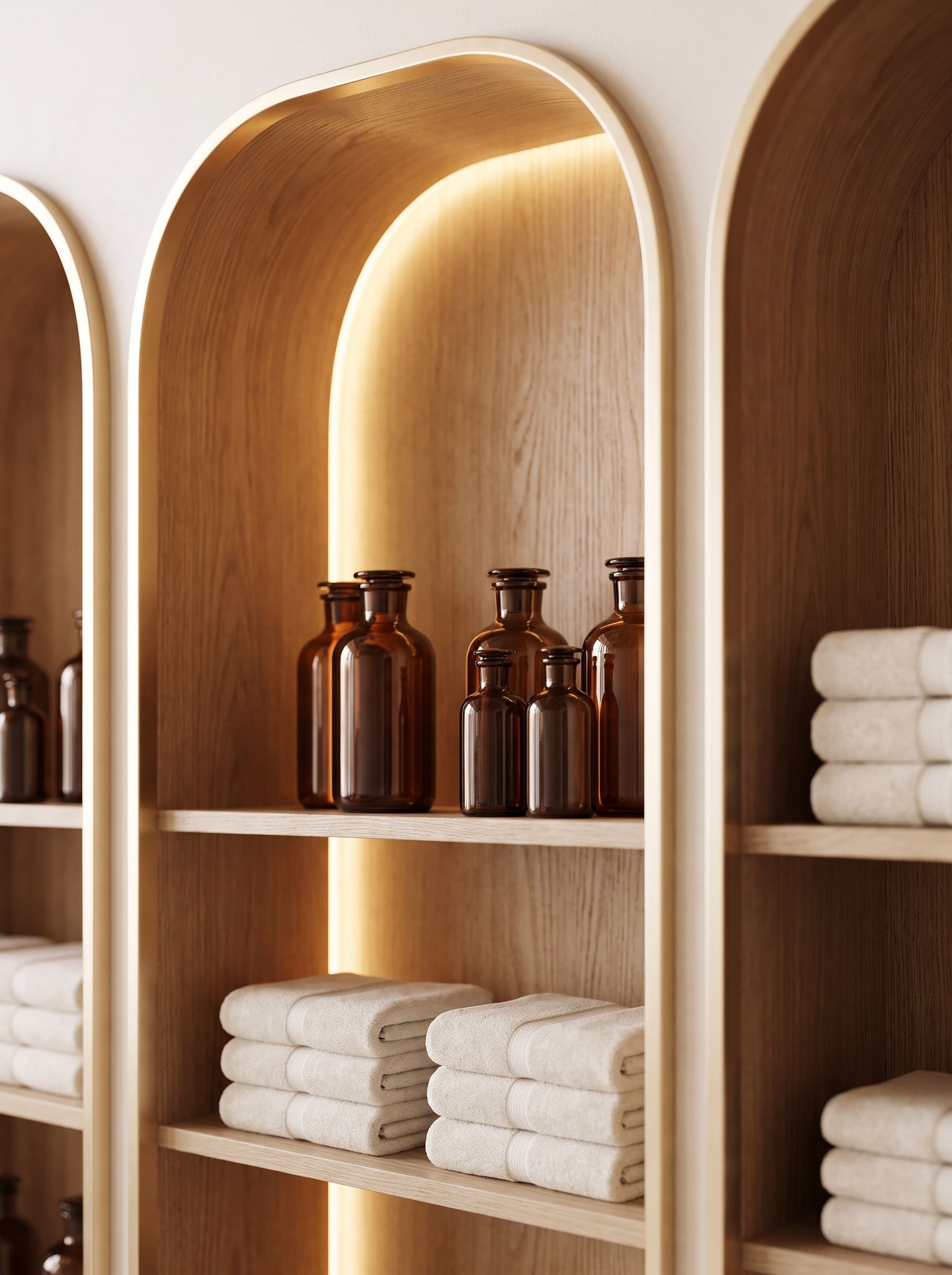 Amber bottles and folded towels on the arched retail shelving