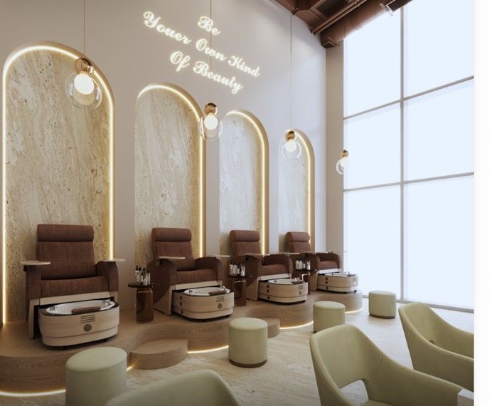 Inside the Glowin lounge — travertine arches, warm light, a chair waiting