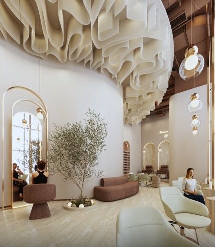 The Glowin lounge — an olive tree beneath the sculpted ceiling